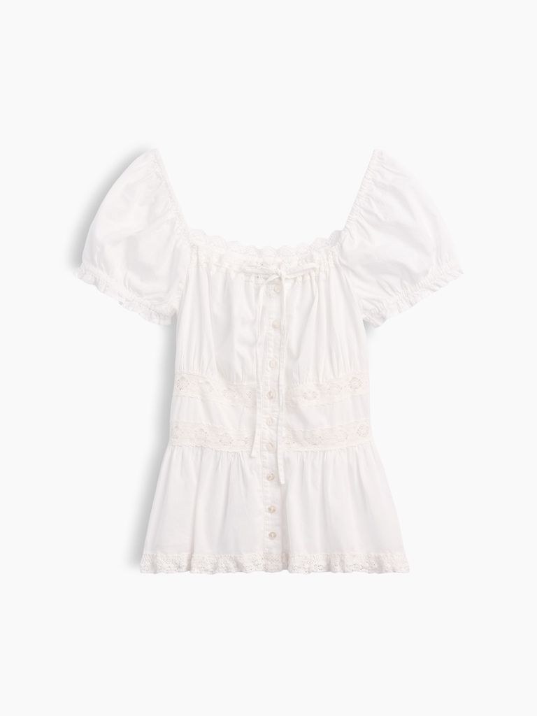 Square-Neck Lace-Trim Peplum Top