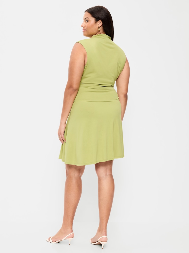 Gathered Mock-Neck Drop-Waist Mini Dress