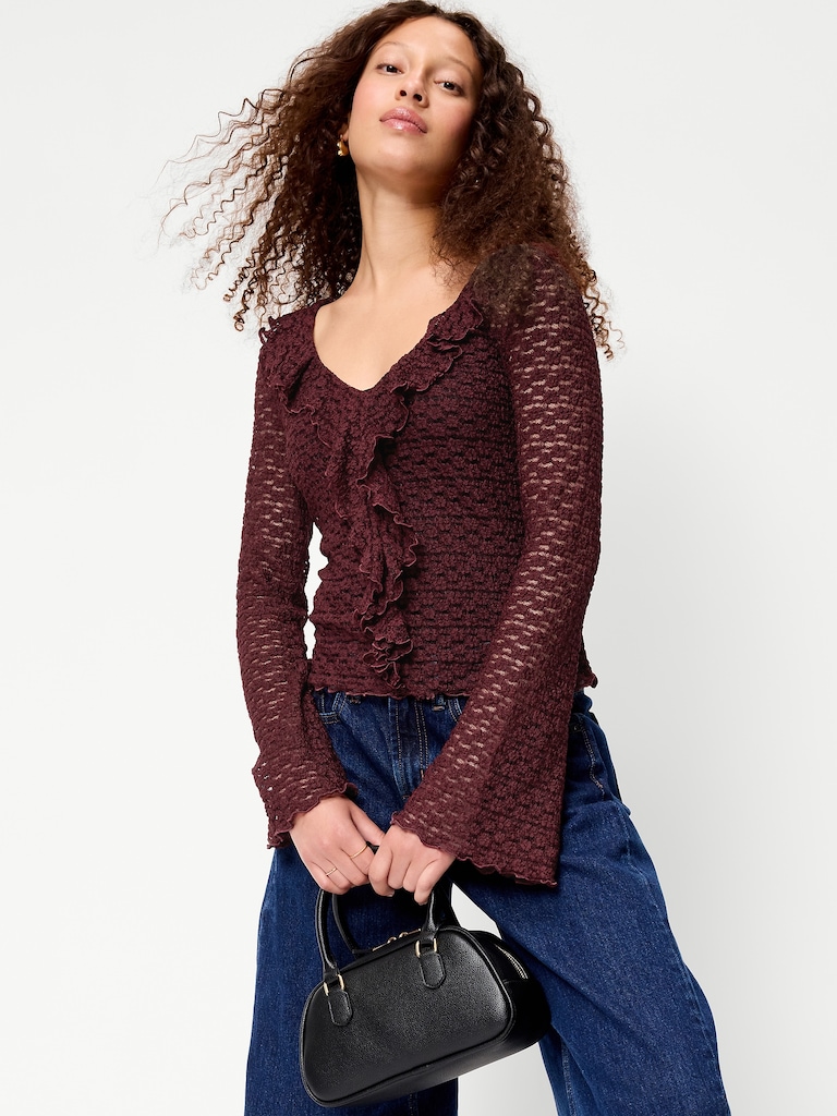 Fitted Bell-Sleeve Ruffle Top
