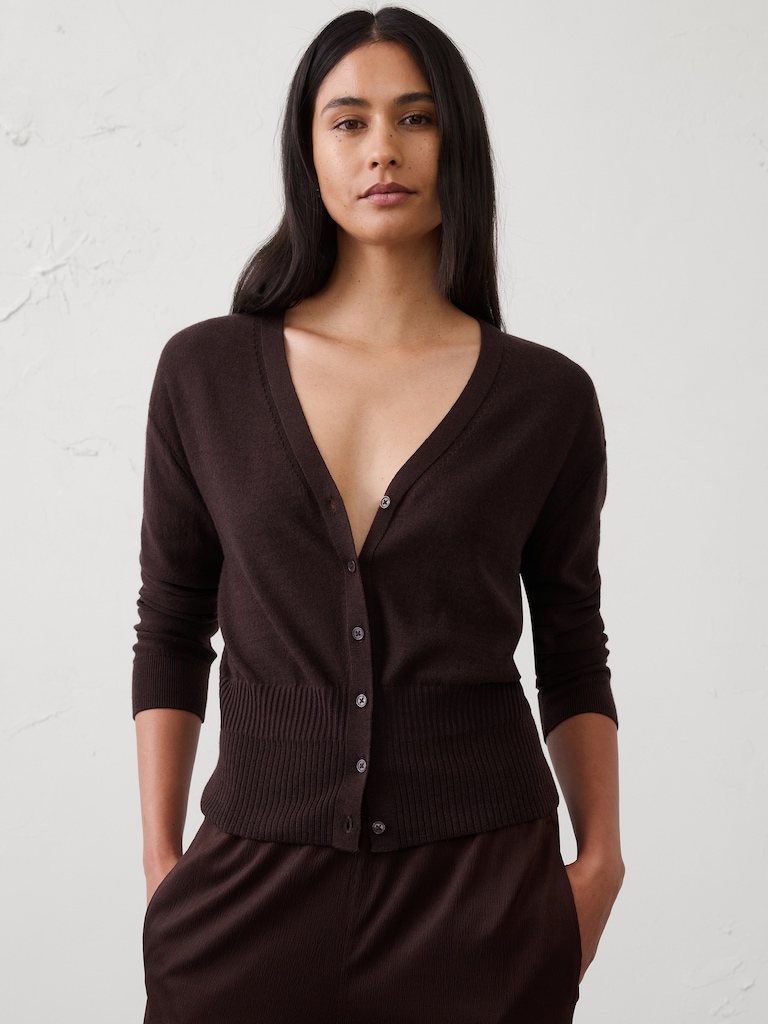 Merino Wool V-Neck Cropped Cardigan Sweater
