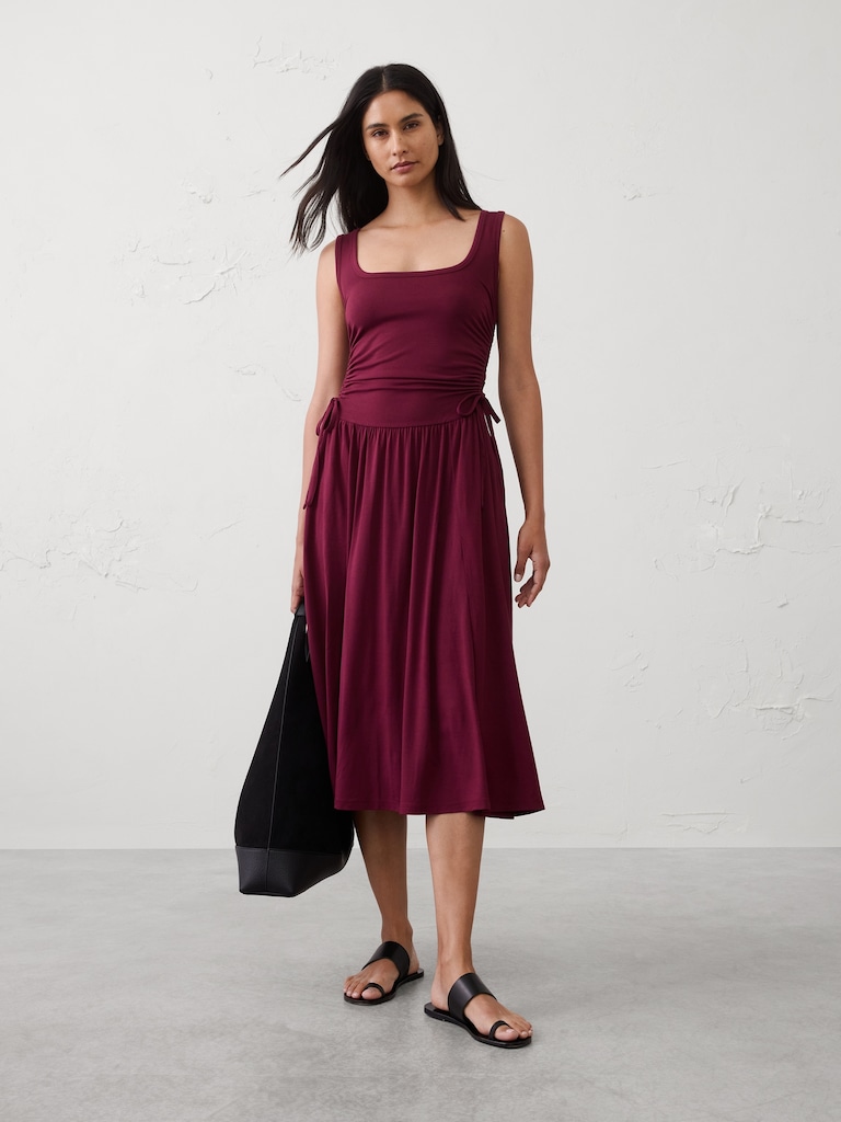 Knit Shirred-Waist Midi Dress