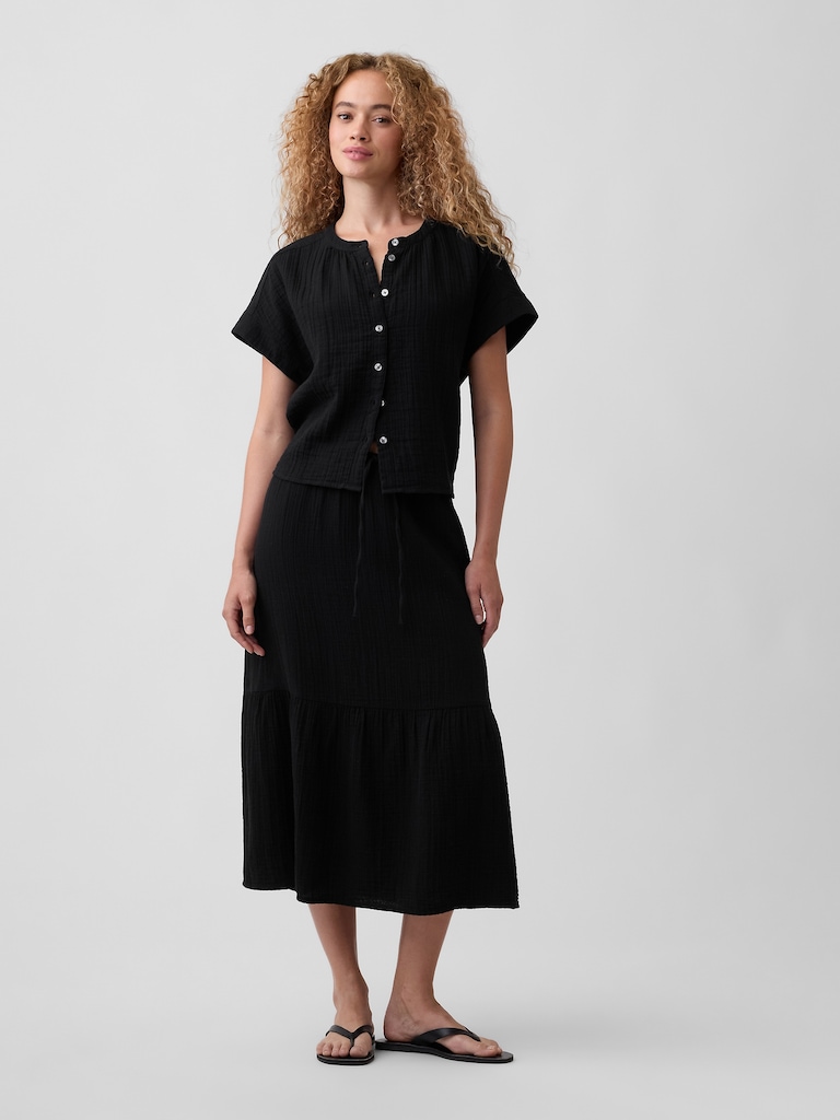 Pull-On Gauze Midi Skirt