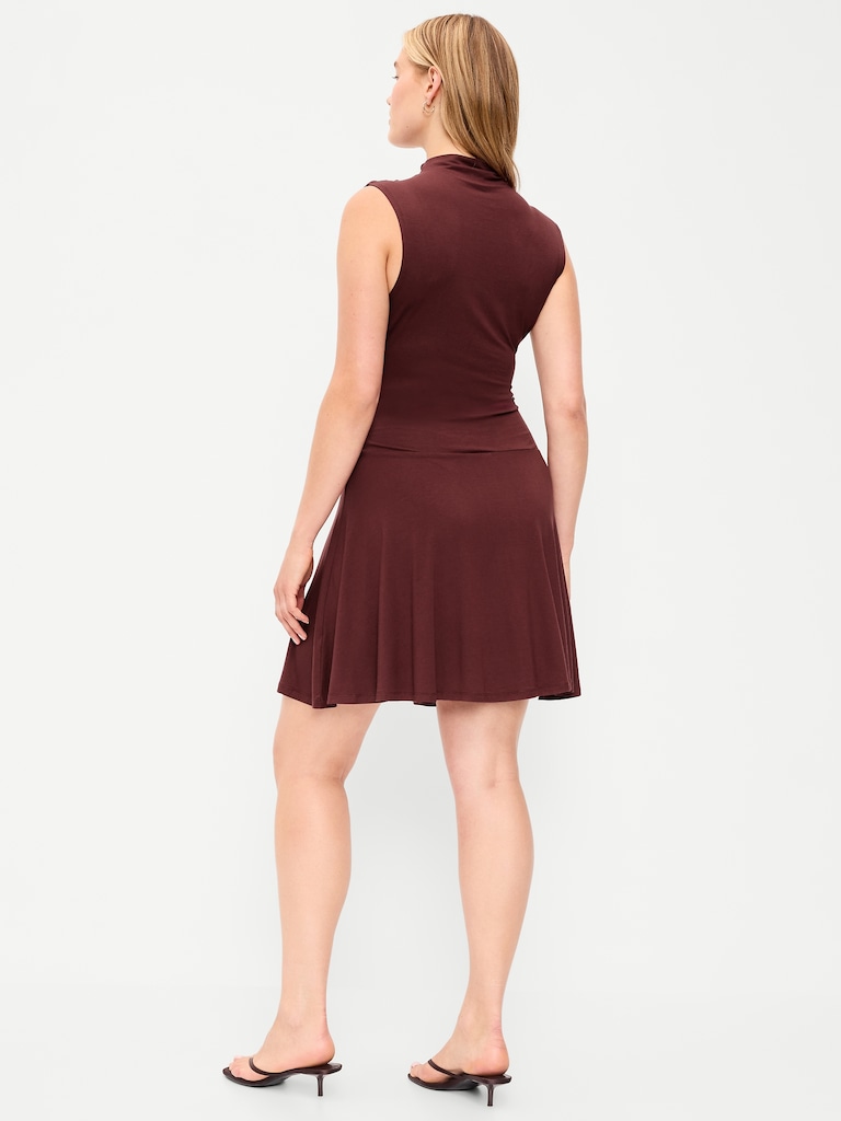 Gathered Mock-Neck Drop-Waist Mini Dress