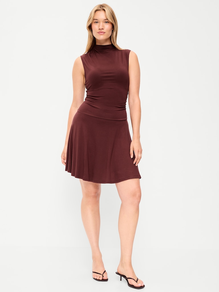 Gathered Mock-Neck Drop-Waist Mini Dress