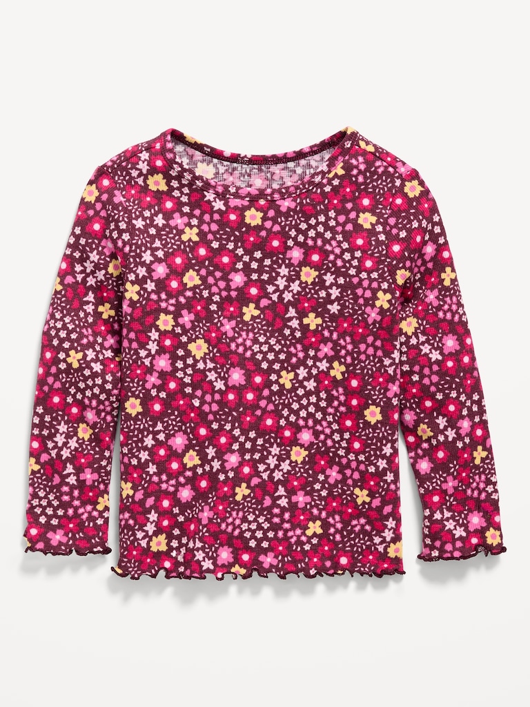 Printed Fitted Long-Sleeve Ribbed T-Shirt for Toddler Girls