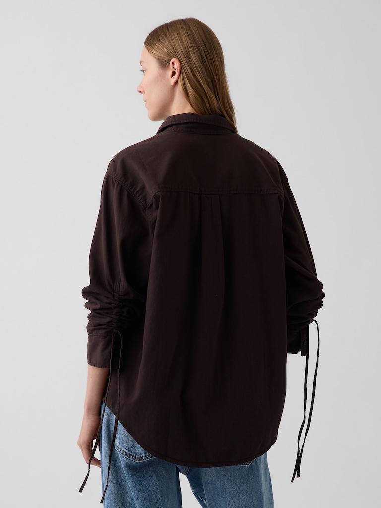 Denim Oversized Ruched-Sleeve Shirt