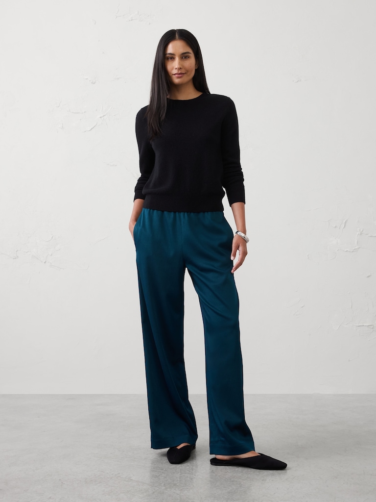 Wide-Leg High-Rise Crinkle Satin Pull-On Pant