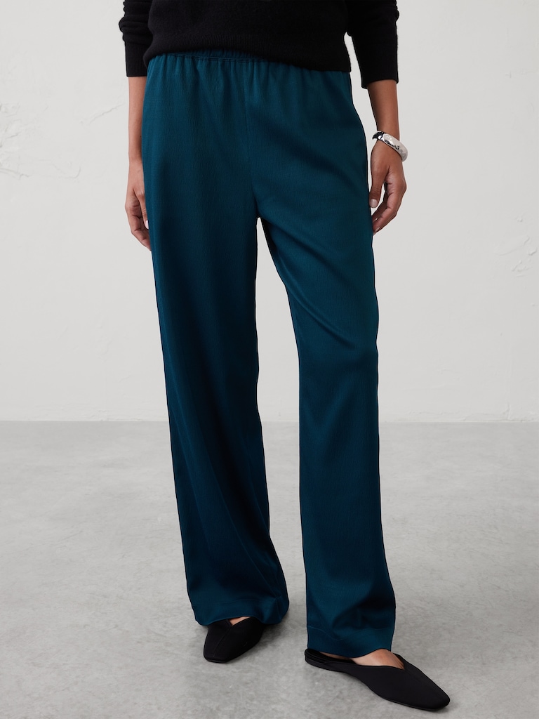 Wide-Leg High-Rise Crinkle Satin Pull-On Pant