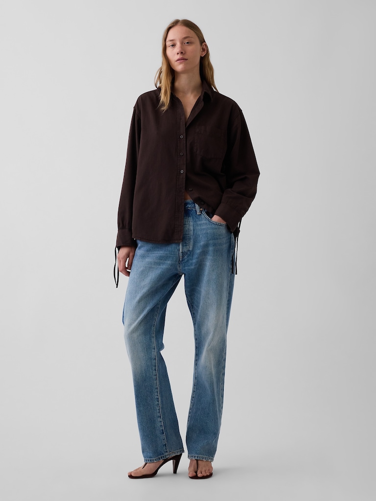 Denim Oversized Ruched-Sleeve Shirt