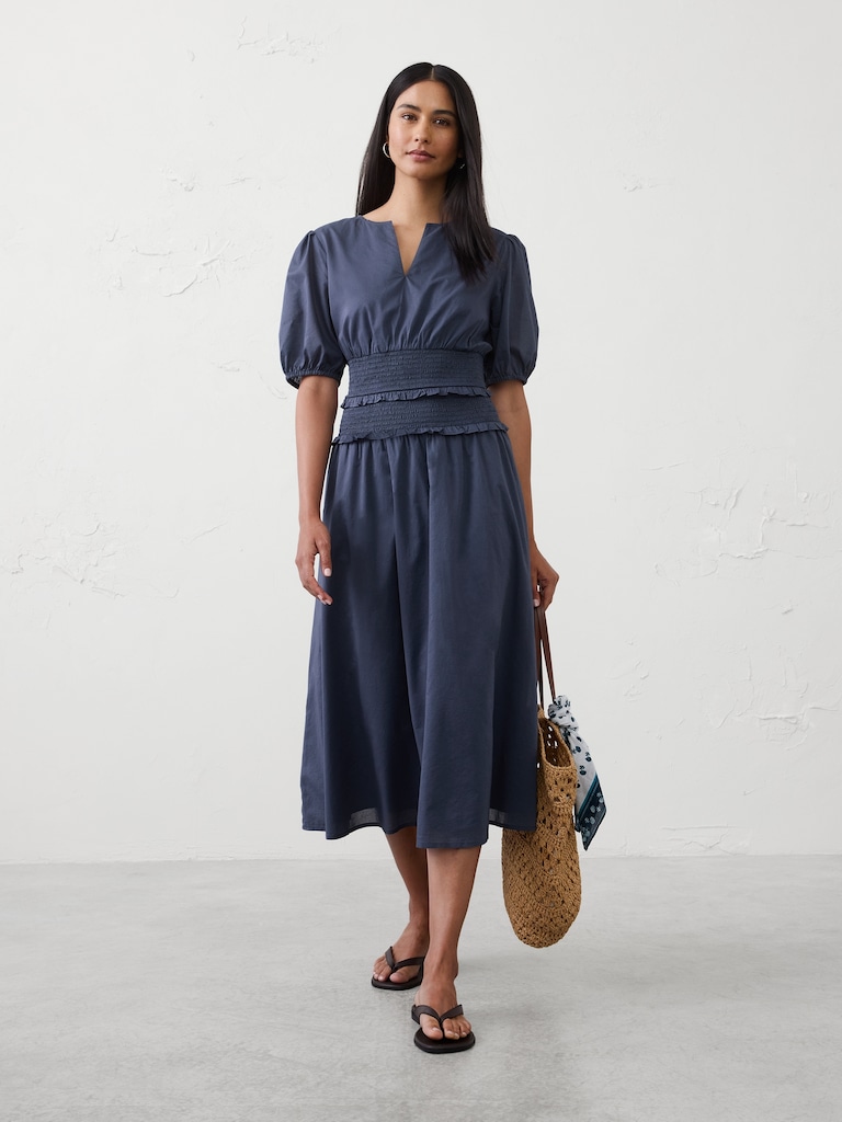 Puff-Sleeve Smocked-Waist Midi Dress