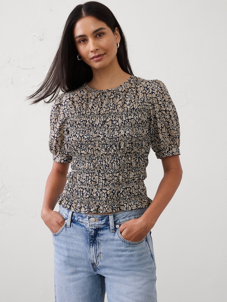 High-Neck Smocked Cropped Top