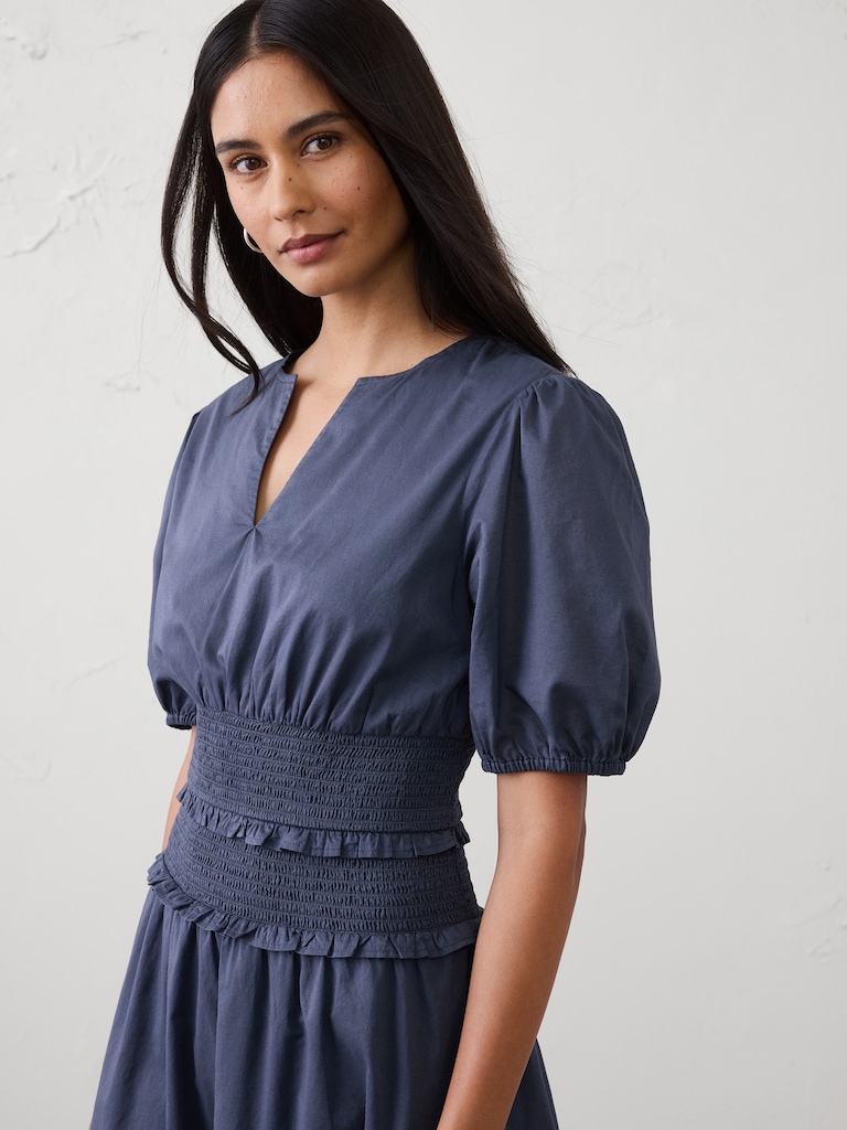 Puff-Sleeve Smocked-Waist Midi Dress