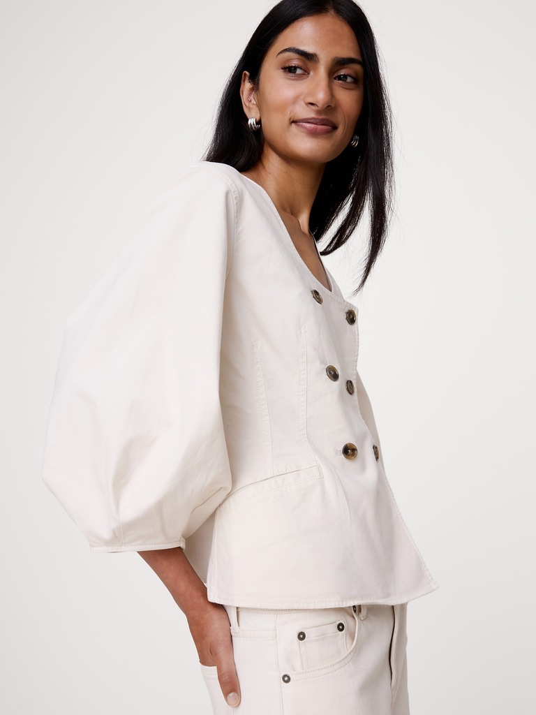 Cotton Canvas Puff-Sleeve Top