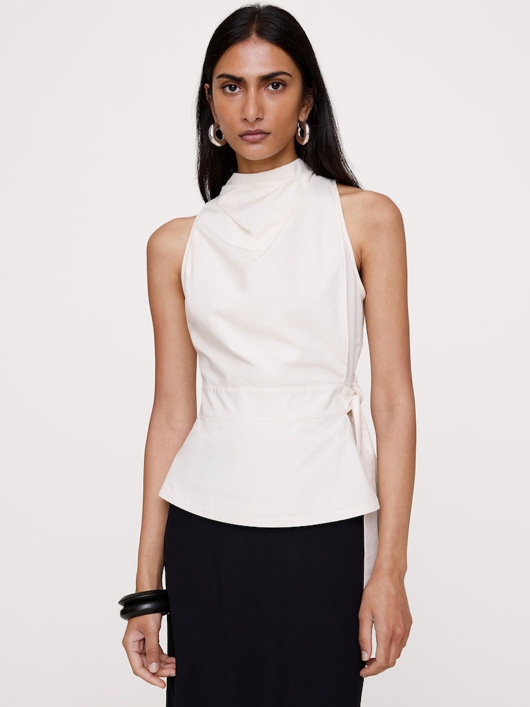 Cotton Poplin Cowl-Neck Tank