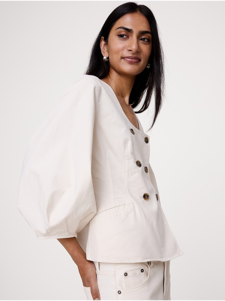 Cotton Canvas Puff-Sleeve Top