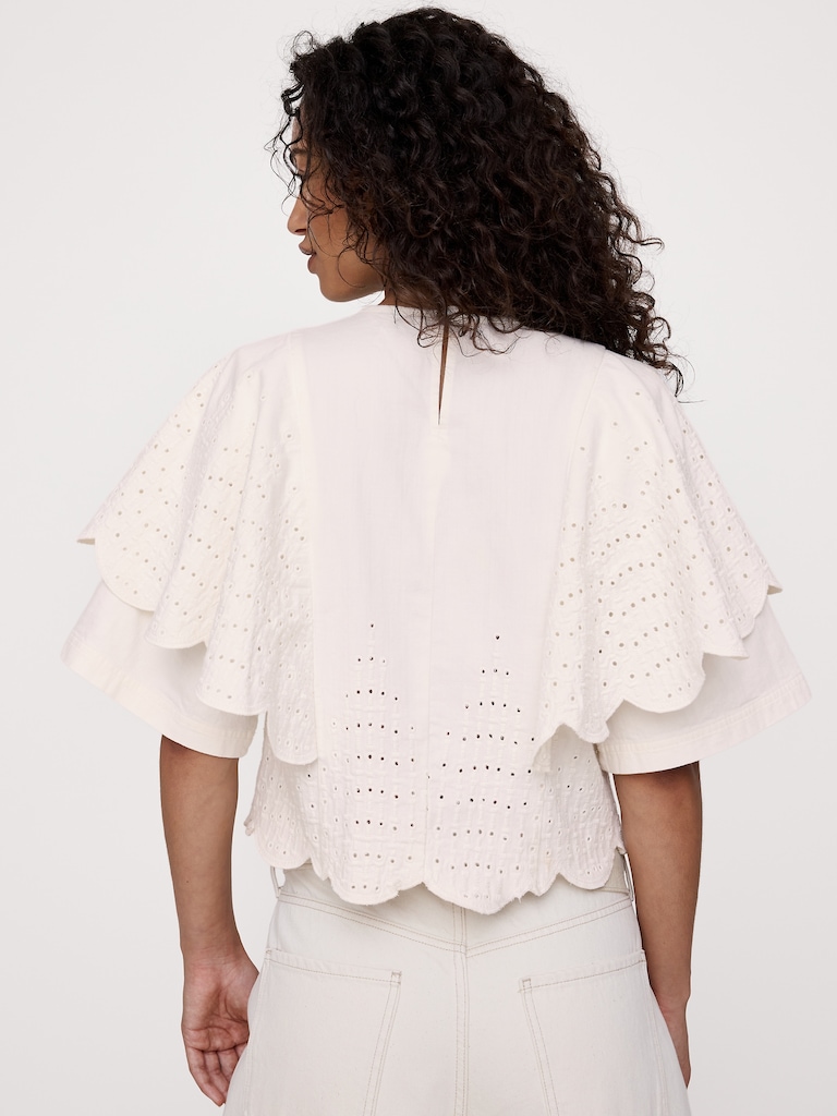 Eyelet Chambray Ruffle-Sleeve Top
