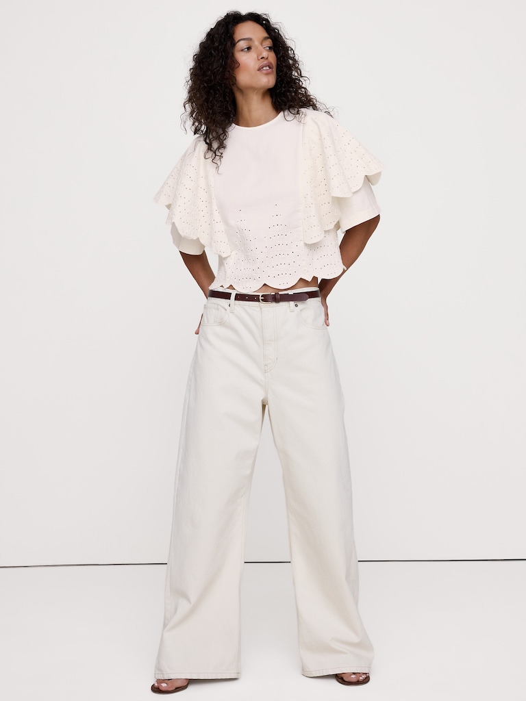 Eyelet Chambray Ruffle-Sleeve Top