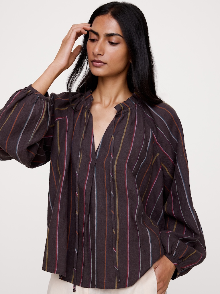 Linen Ruffle-Neck Top
