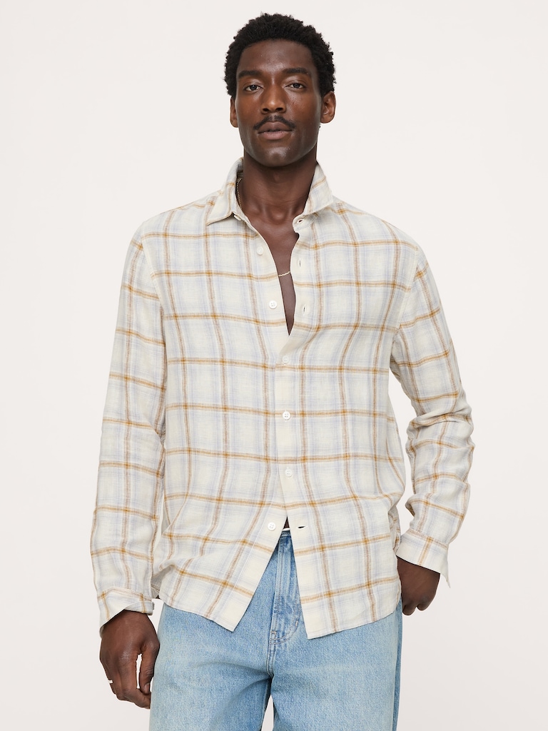 Standard-Fit Plaid Linen-Cotton Shirt