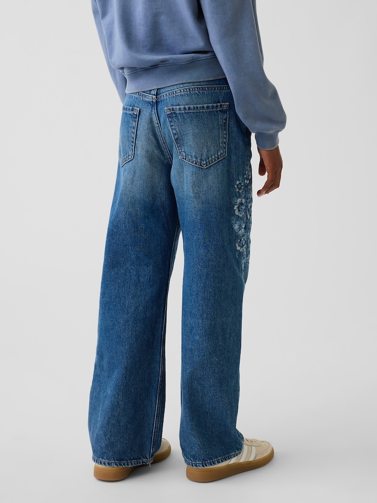 Kids Low Rise Stride Embroidered Floral Wide-Leg Jeans