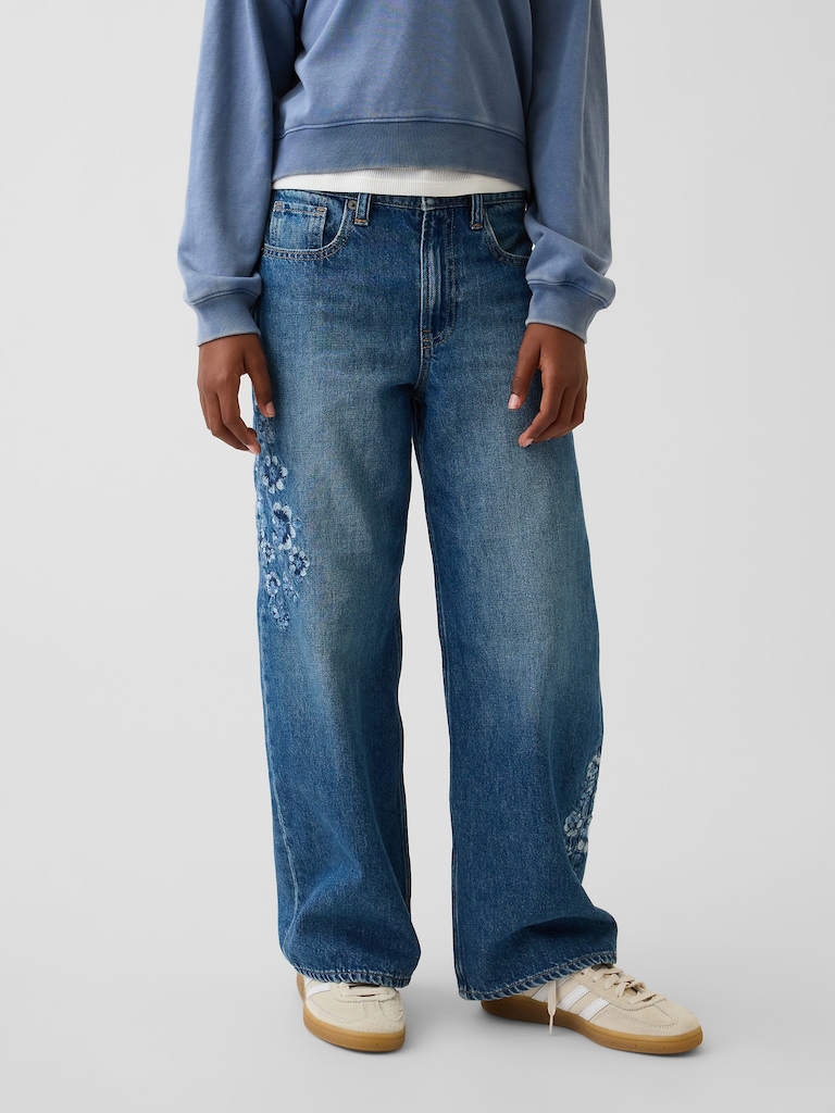 Kids Low Rise Stride Embroidered Floral Wide-Leg Jeans