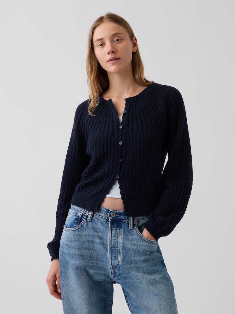 CashSoft Mix-Stitch Crop Cardigan Sweater