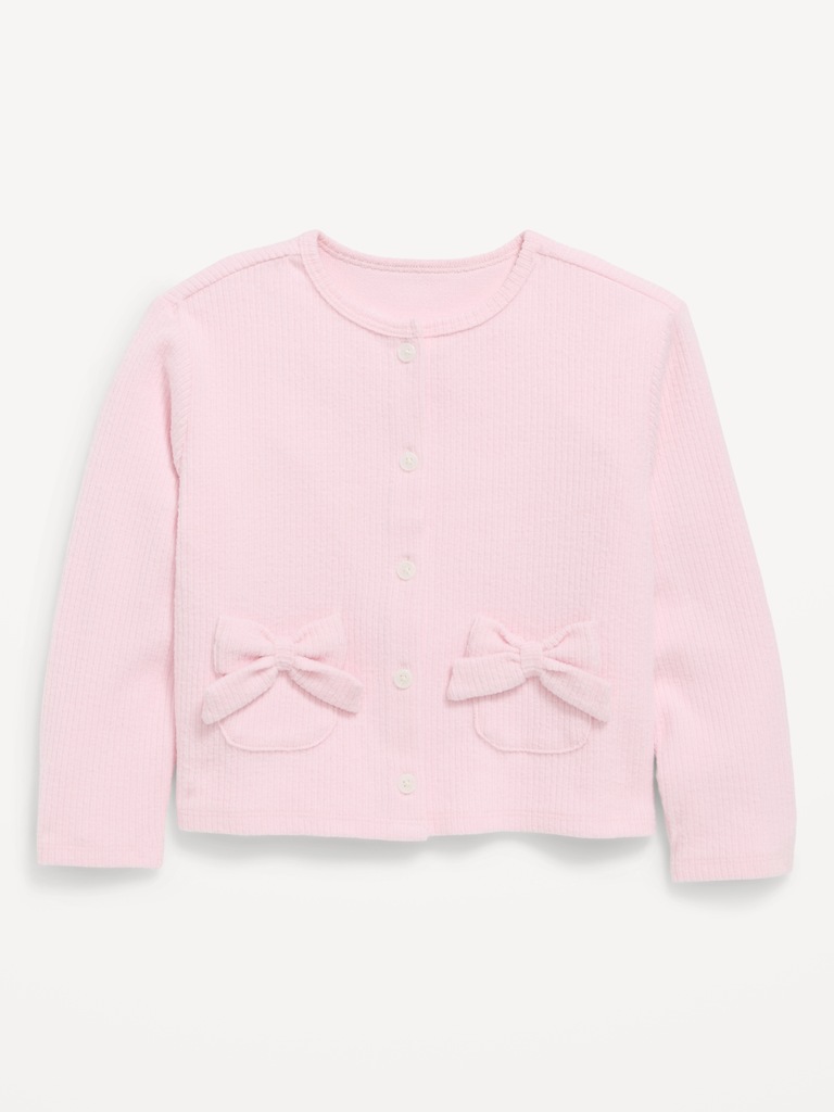 Cozy Ribbed Bow-Pocket Cardigan Sweater for Toddler Girls