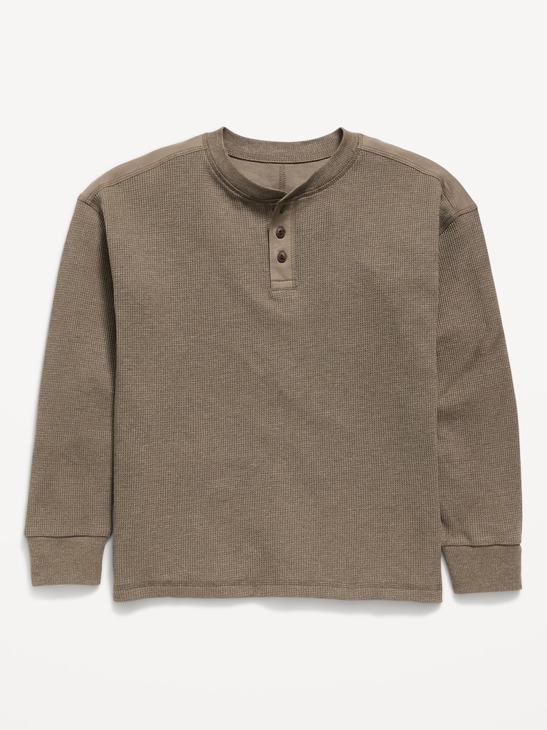 Oversized Long-Sleeve Waffle Knit Henley T-Shirt for Boys