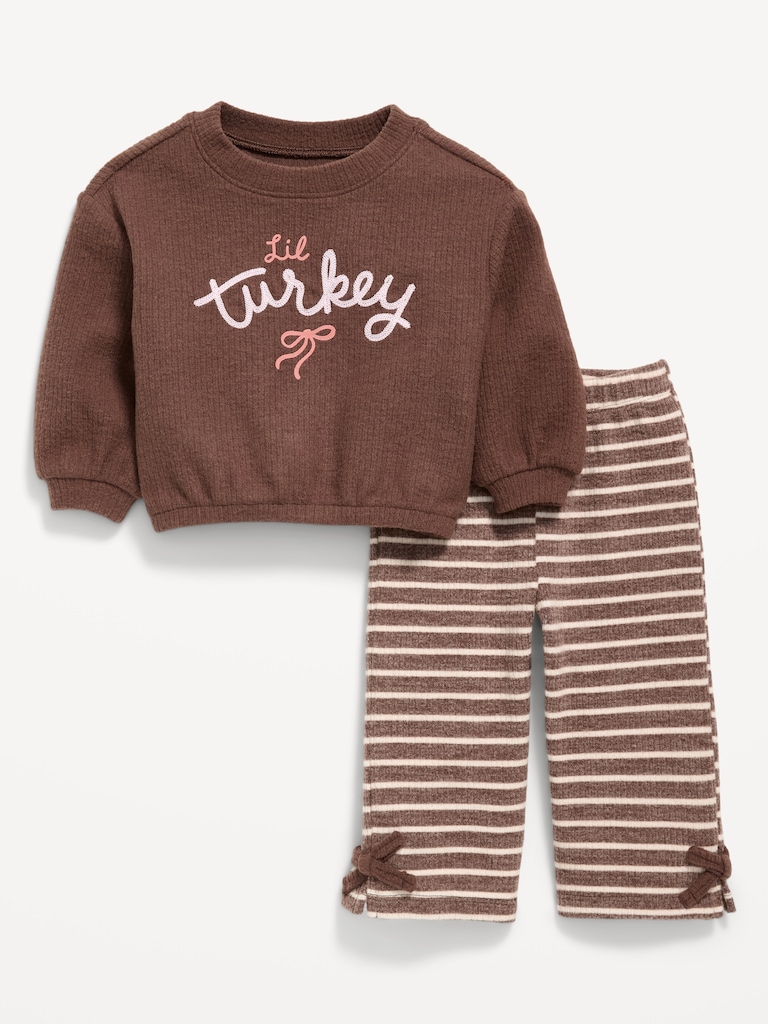 Printed Ribbed Sweatshirt and Wide-Leg Pants Set for Baby