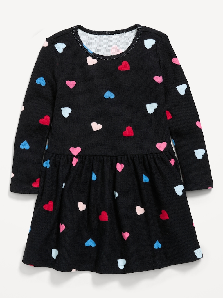 Printed Long-Sleeve Waffle Knit Dress for Toddler Girls