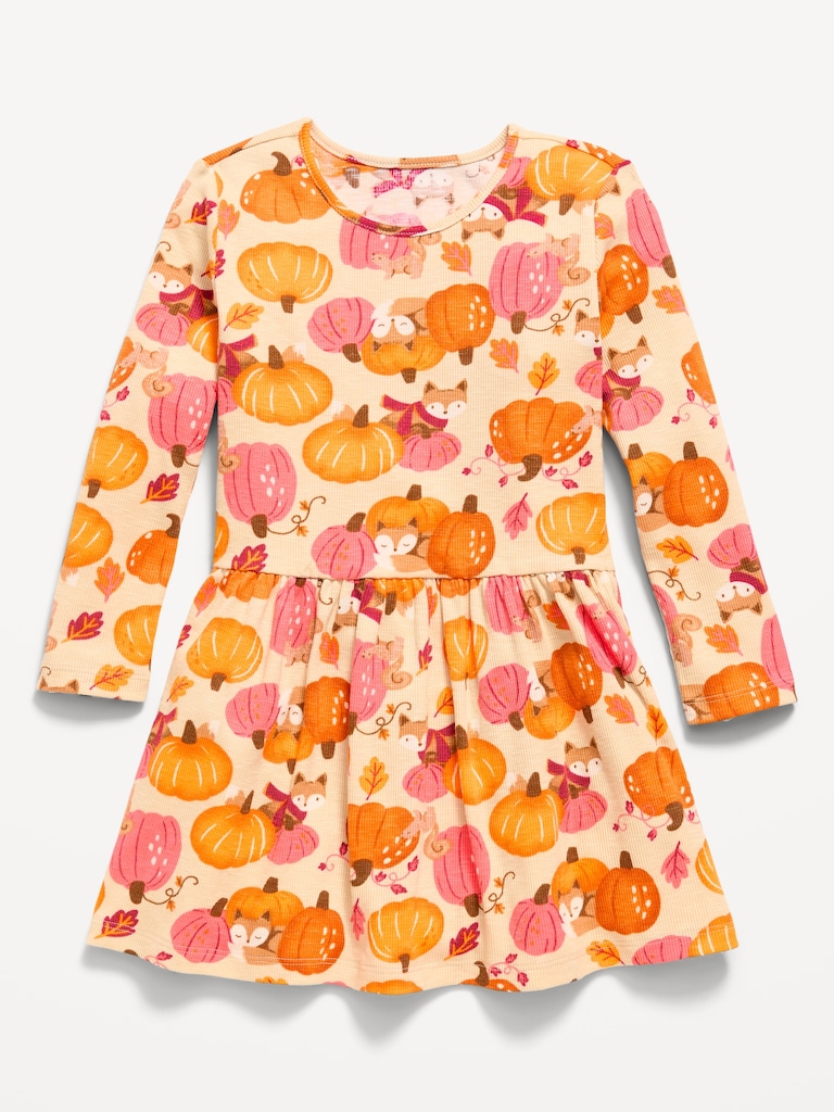 Printed Long-Sleeve Ribbed Dress for Toddler Girls