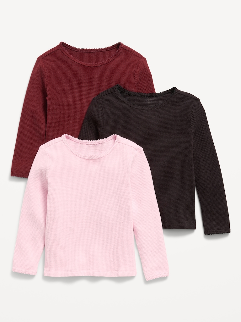 Long-Sleeve Waffle Knit T-Shirt 3-Pack for Toddler Girls