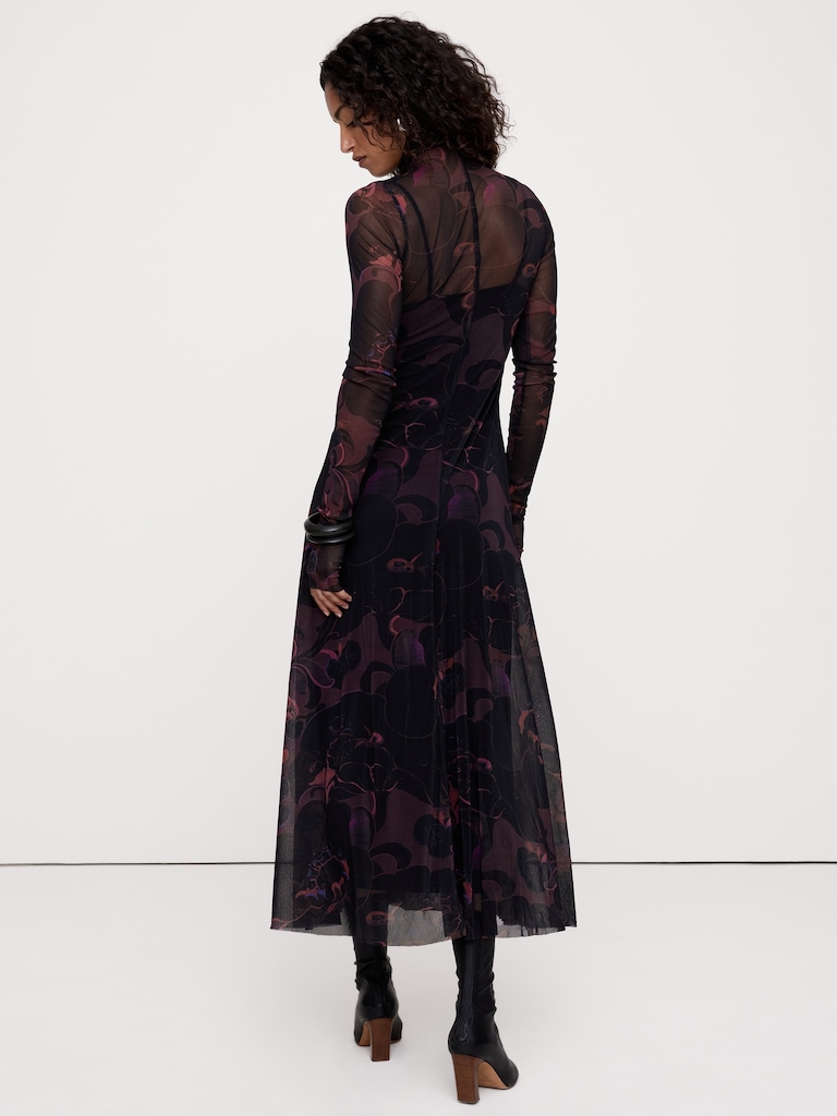 Mesh Long-Sleeve Maxi Dress