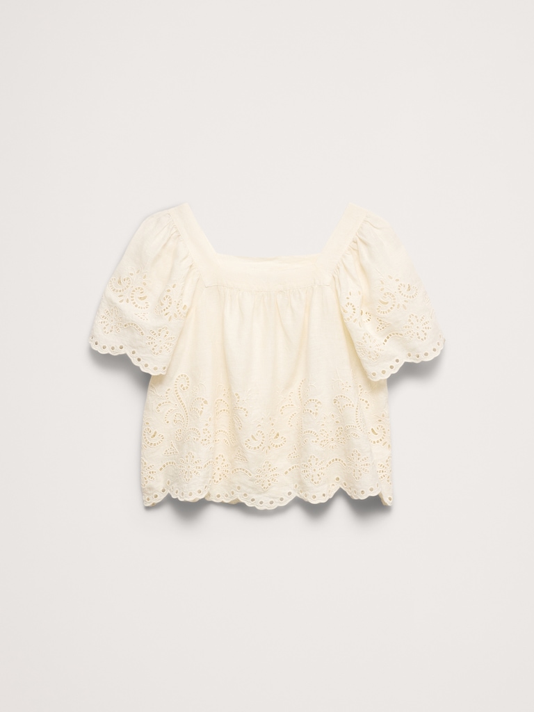 Linen Eyelet Square-Neck Top