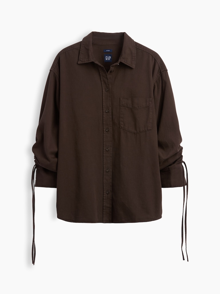 Denim Oversized Ruched-Sleeve Shirt