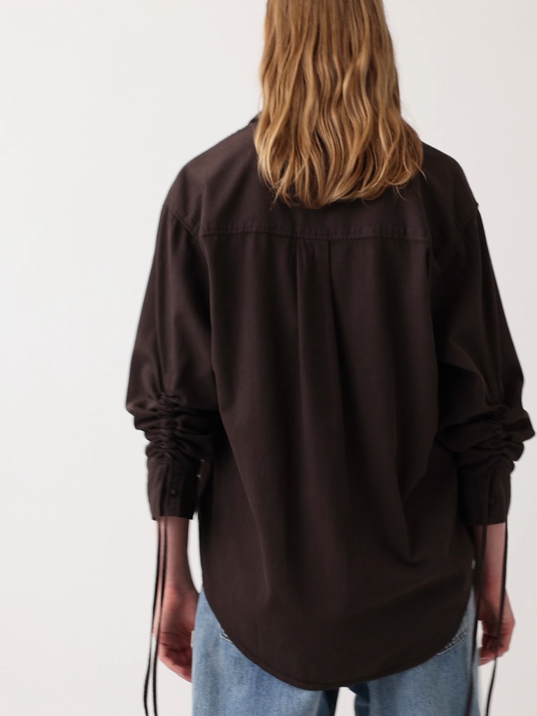 Denim Oversized Ruched-Sleeve Shirt