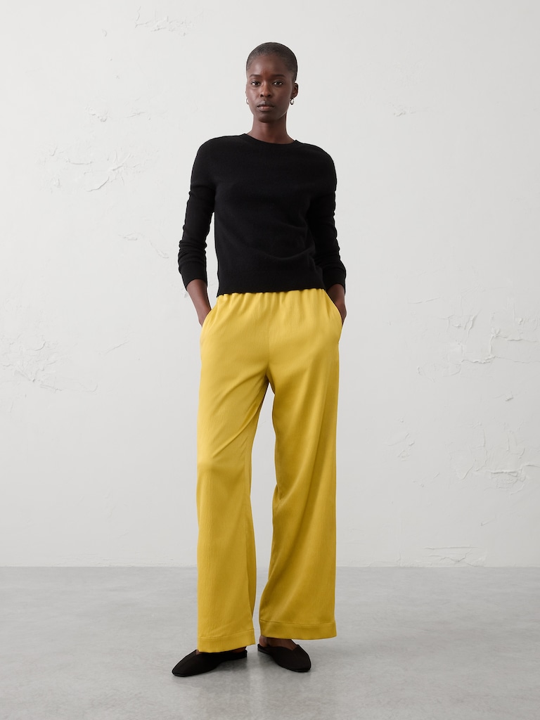 Wide-Leg High-Rise Crinkle Satin Pull-On Pant