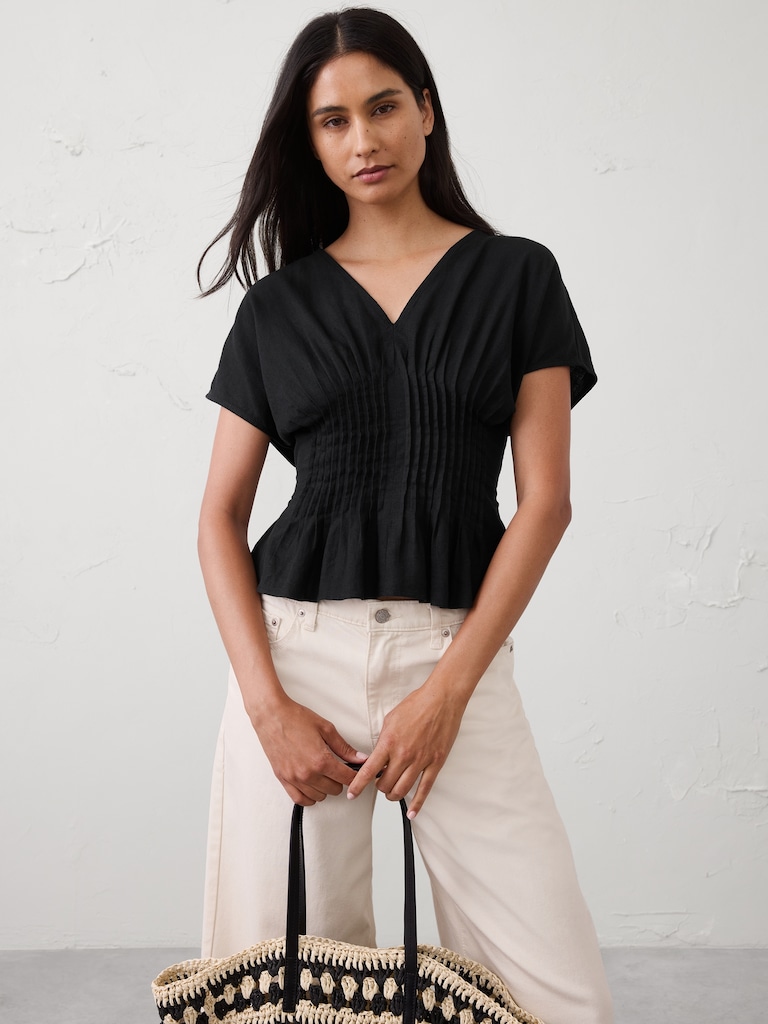 Linen-Blend Pintuck-Waist Top