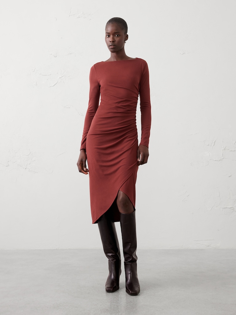 Soft Knit Shirred Midi Dress