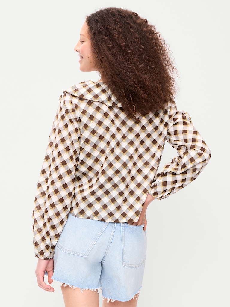 Long-Sleeve Ruffle Tie-Neck Top