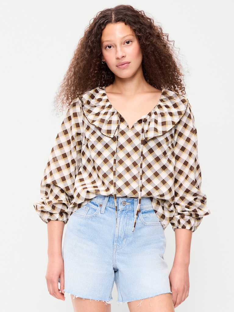 Long-Sleeve Ruffle Tie-Neck Top