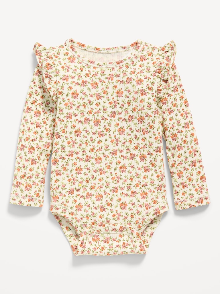 Printed Long-Sleeve Ruffled Ribbed Bodysuit for Baby