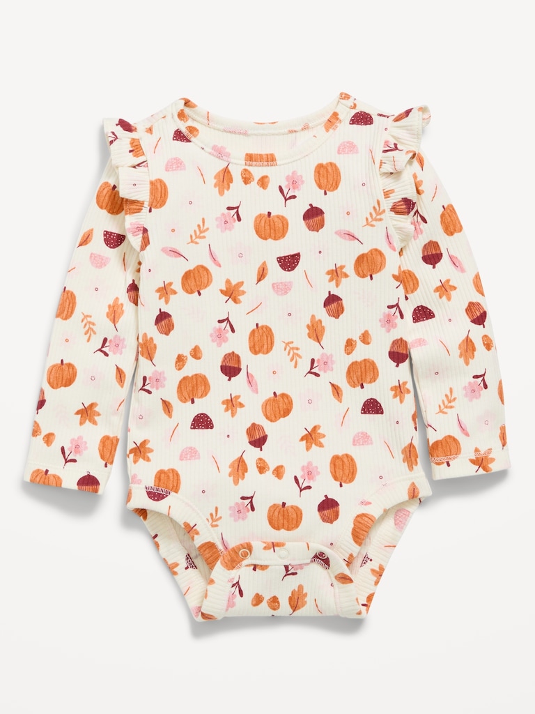 Printed Long-Sleeve Ruffled Ribbed Bodysuit for Baby