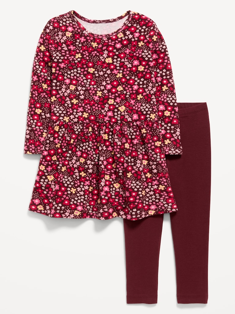 Printed Waffle Knit Dress and Leggings Set for Toddler Girls