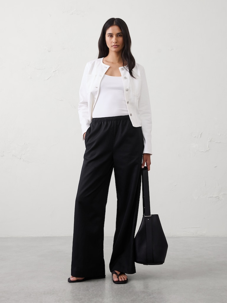 Wide--Leg High-Rise Drapey Twill Pull-On Pant