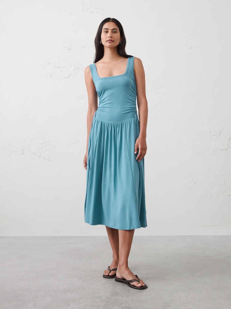Knit Shirred-Waist Midi Dress
