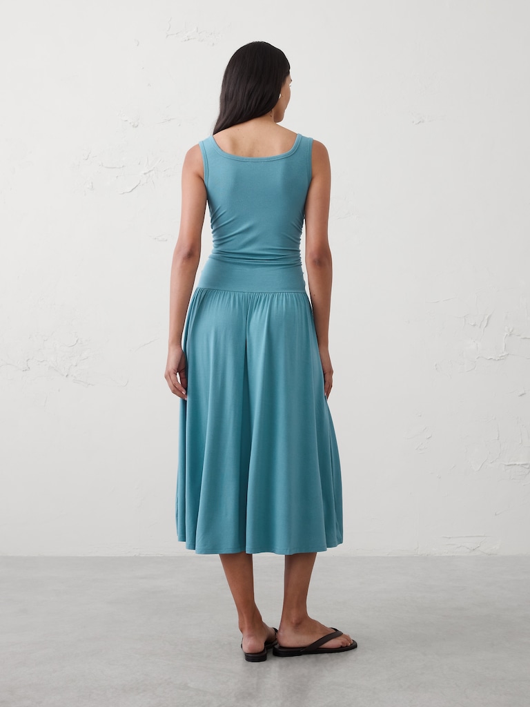 Knit Shirred-Waist Midi Dress