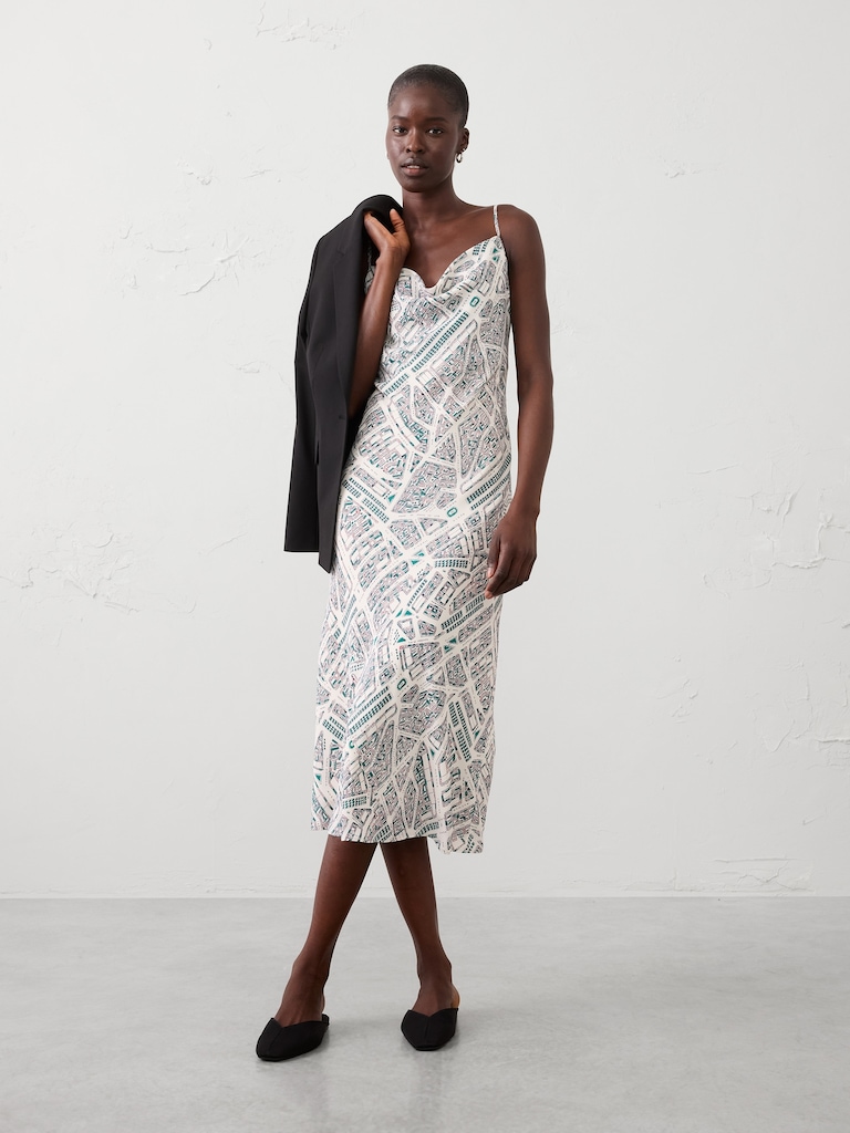 Cowl-Neck Map Print Midi Dress