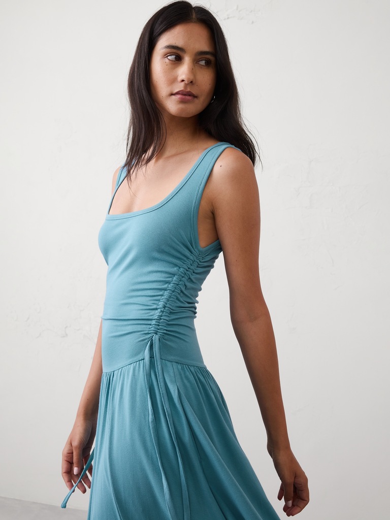 Knit Shirred-Waist Midi Dress