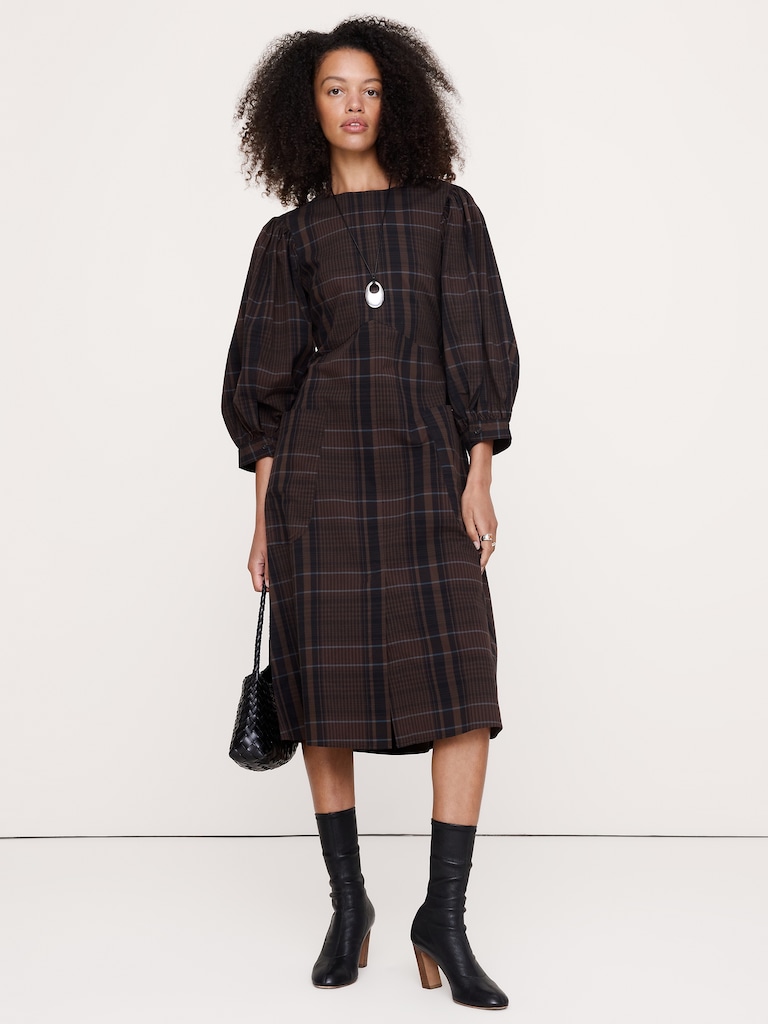 Cotton Poplin Puff-Sleeve Midi Dress